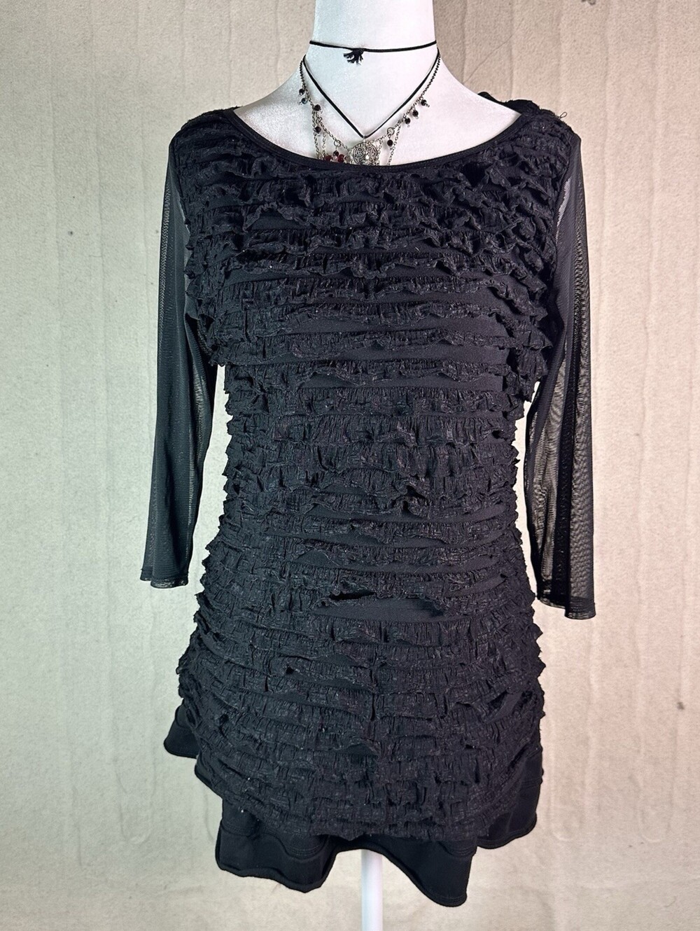 Y2K Cocomo Black Ruffle Top Womens Mesh Sleeve Whimsigoth Vanmp Witchy Sz M